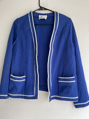 Vintage Butte Crochet Hand Knit Crop Cardigan Blue Ruffle Trim Cottagecore Sz 14